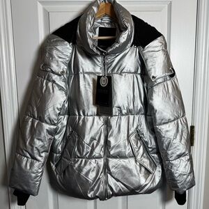 NOIZE Nikita Silver Metallic Puffer Jacket Vegan Hooded Size L NWT Canadian